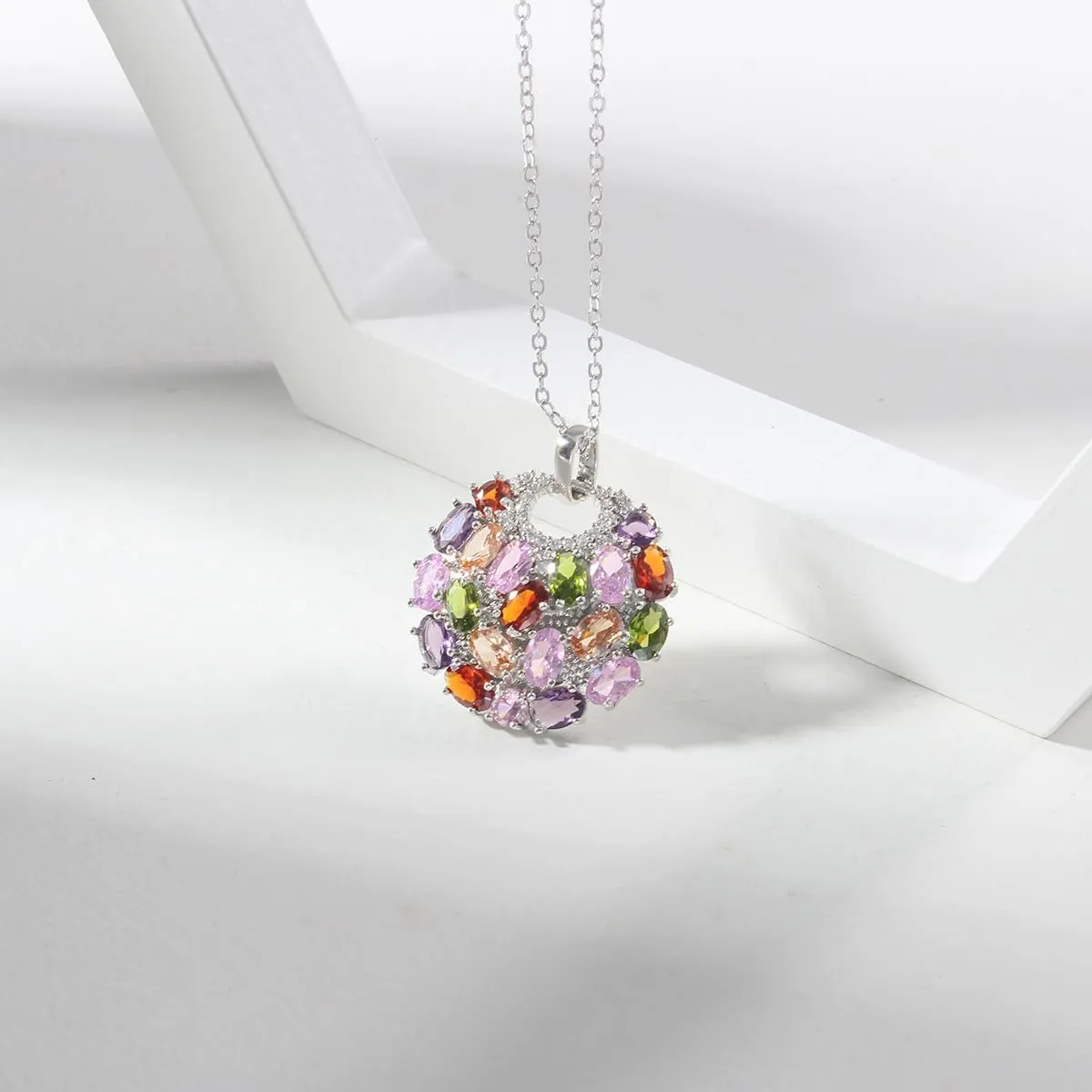 Crystal Colorized Cubic Zirconia Laminated Flower Pendant Necklace with 17.32 1.96 in Extender Chain for Women | Necklace extender | Crystal Necklace | Flower Necklace |Silver Multi Color Necklace