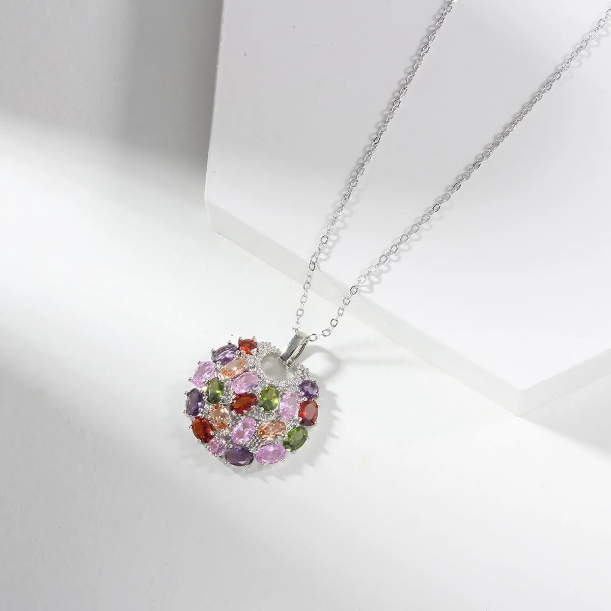 Crystal Colorized Cubic Zirconia Laminated Flower Pendant Necklace with 17.32 1.96 in Extender Chain for Women | Necklace extender | Crystal Necklace | Flower Necklace |Silver Multi Color Necklace