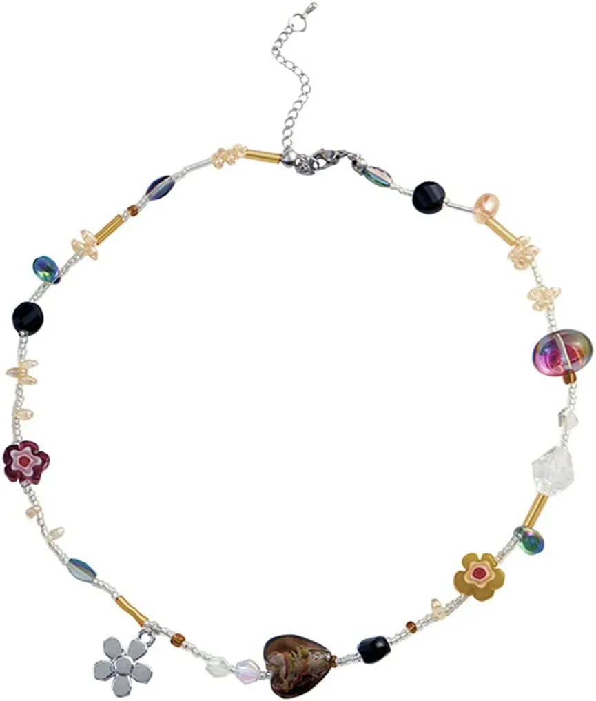 Crystal Heart Flower Beaded Necklace. Irregular Beads Necklaces Creative Choker Necklaces Jewelry Gifts for Women