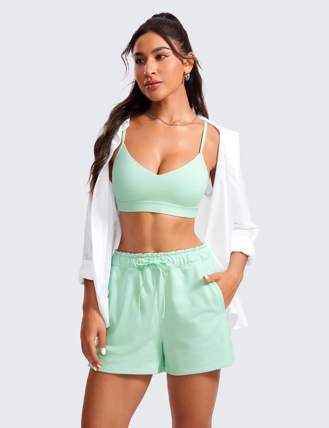 CRZ YOGA Butterluxe V-Neck Sports Bras for Women - Adjustable Thin Straps Padded Yoga Top Basic Wireless Camisole