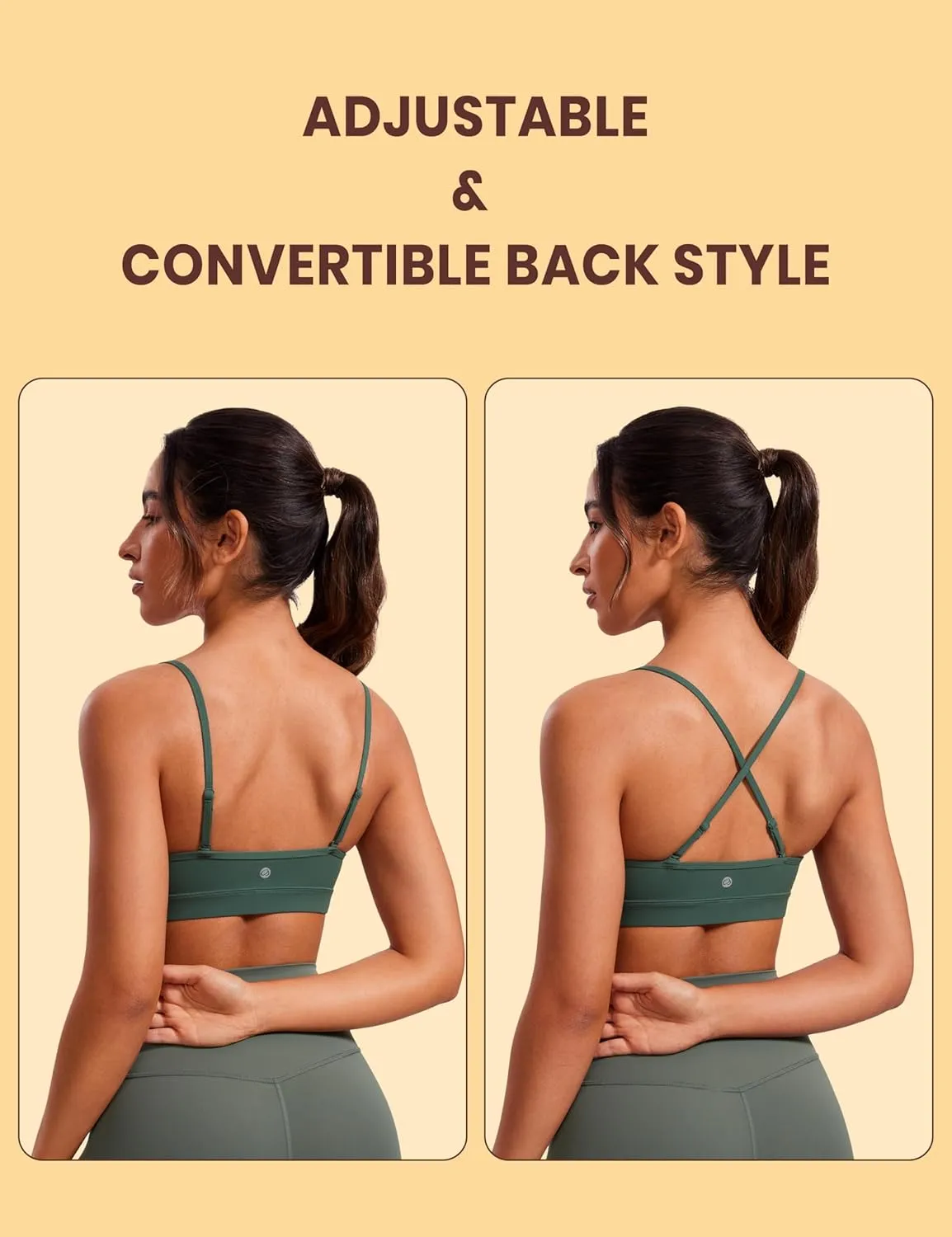 CRZ YOGA Butterluxe V-Neck Sports Bras for Women - Adjustable Thin Straps Padded Yoga Top Basic Wireless Camisole