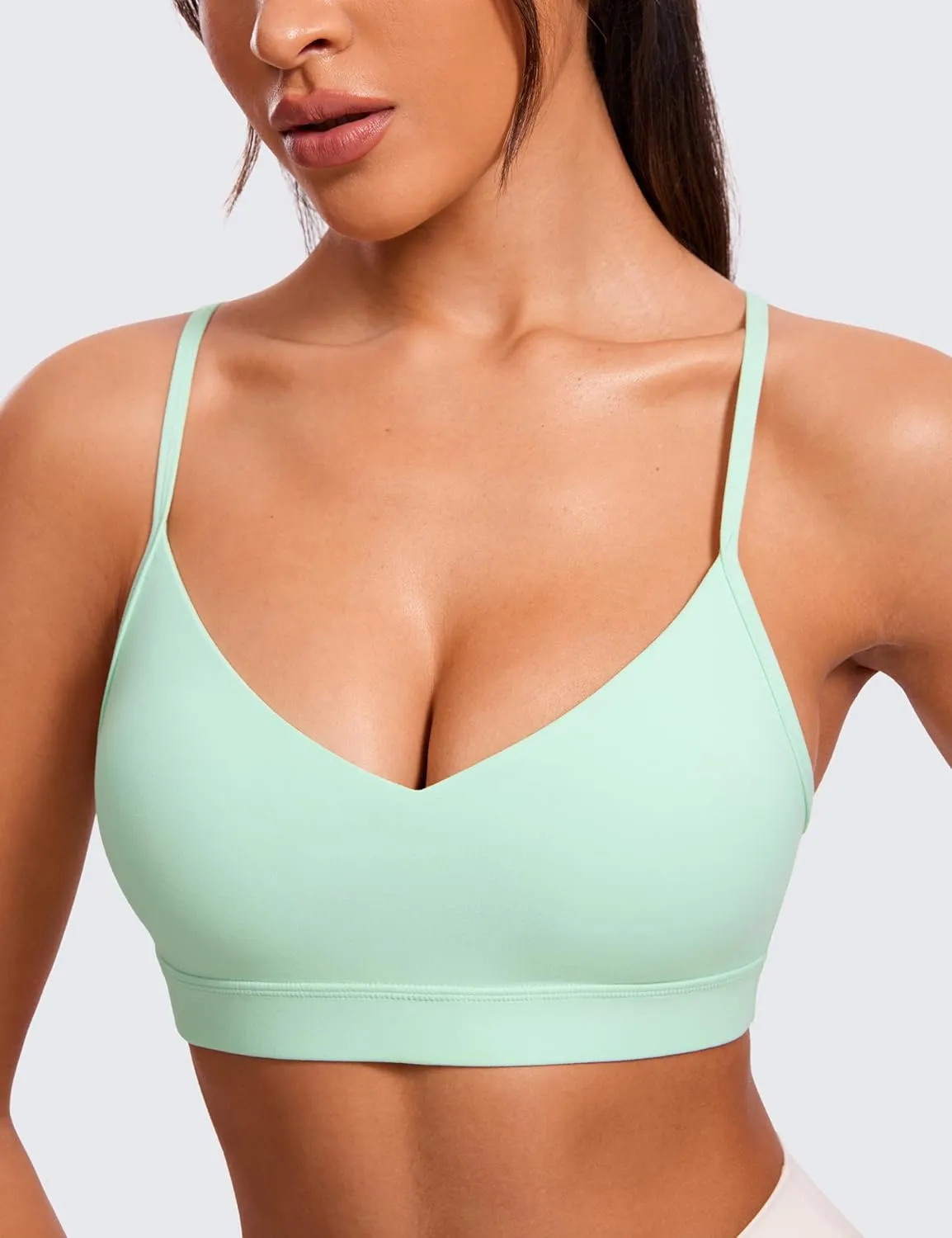 CRZ YOGA Butterluxe V-Neck Sports Bras for Women - Adjustable Thin Straps Padded Yoga Top Basic Wireless Camisole