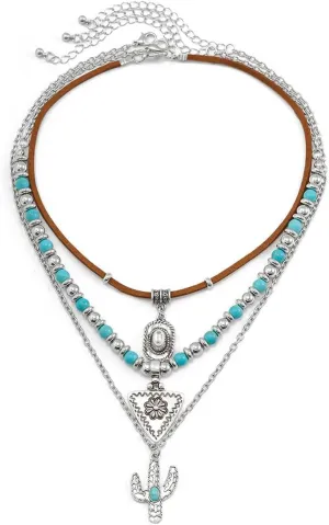 CSIYANJRY99 Layered Western Necklaces for Women Vintage Turquoise Beaded Western Jewelry for Women Ox-head Cactus Cross Chain Necklaces Country Concert Cowgirl Dresses Accessories