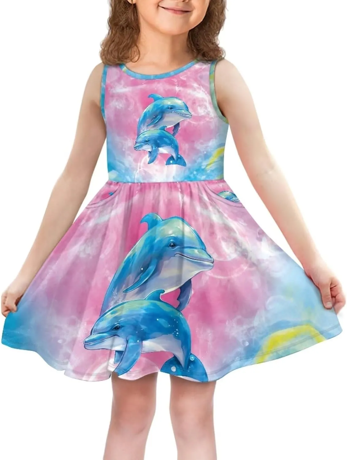 Cute Floral Sundress for Girls Comfy Soft Swing Loose Fit Sleeveless Summer Dress with Pockets