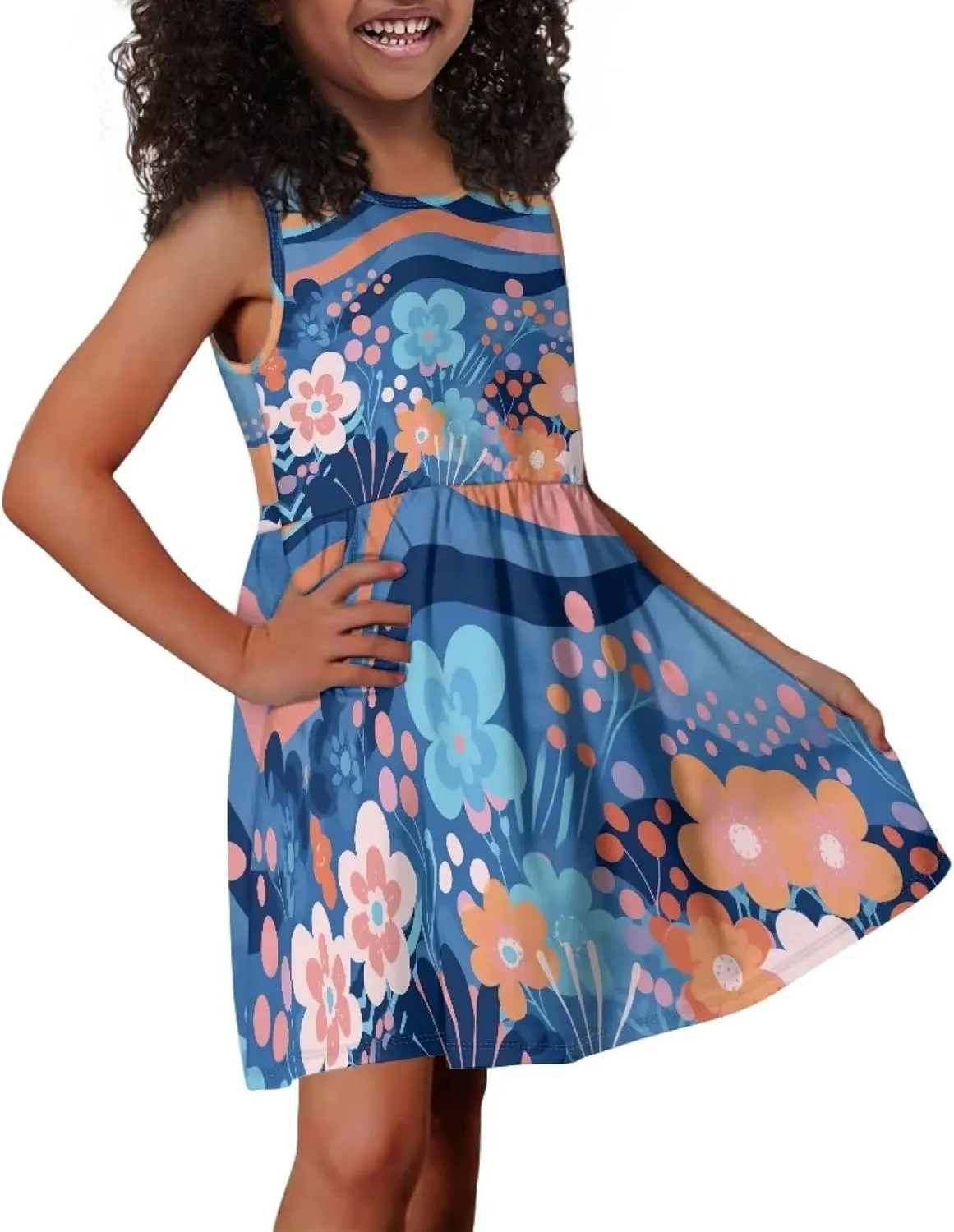 Cute Floral Sundress for Girls Comfy Soft Swing Loose Fit Sleeveless Summer Dress with Pockets