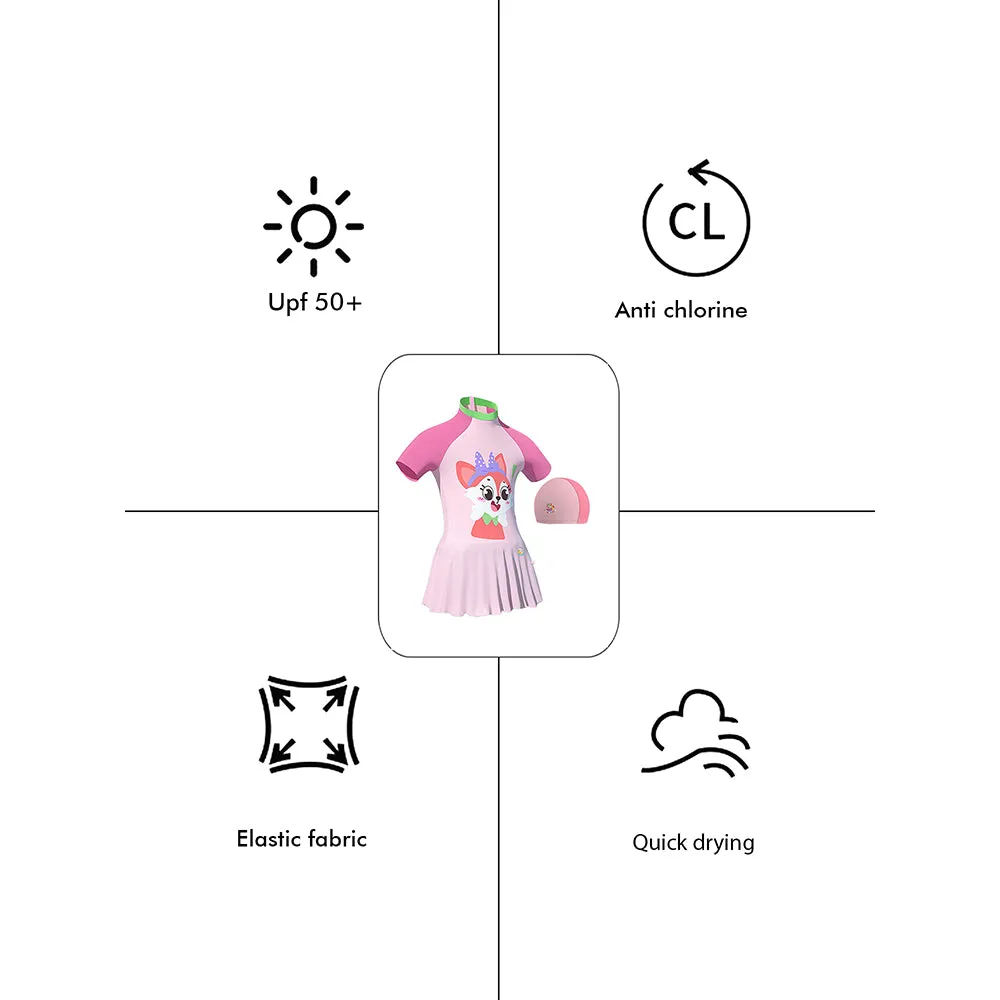 Cute Foxy Frock Style Kids Swimwear With Attached Shorts And Matching Swim Cap For Kids With UPF 50 