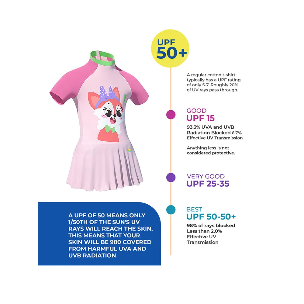 Cute Foxy Frock Style Kids Swimwear With Attached Shorts And Matching Swim Cap For Kids With UPF 50 