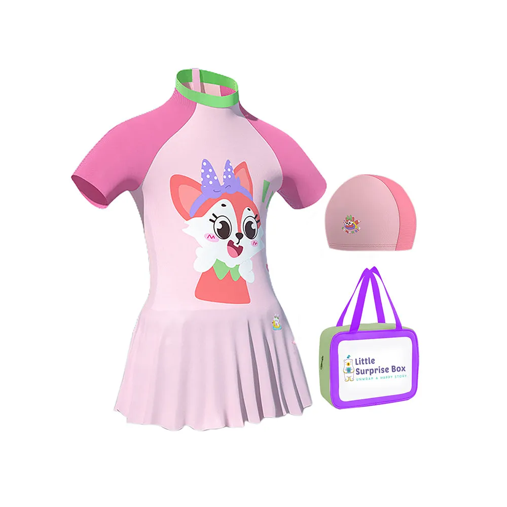 Cute Foxy Frock Style Kids Swimwear With Attached Shorts And Matching Swim Cap For Kids With UPF 50 