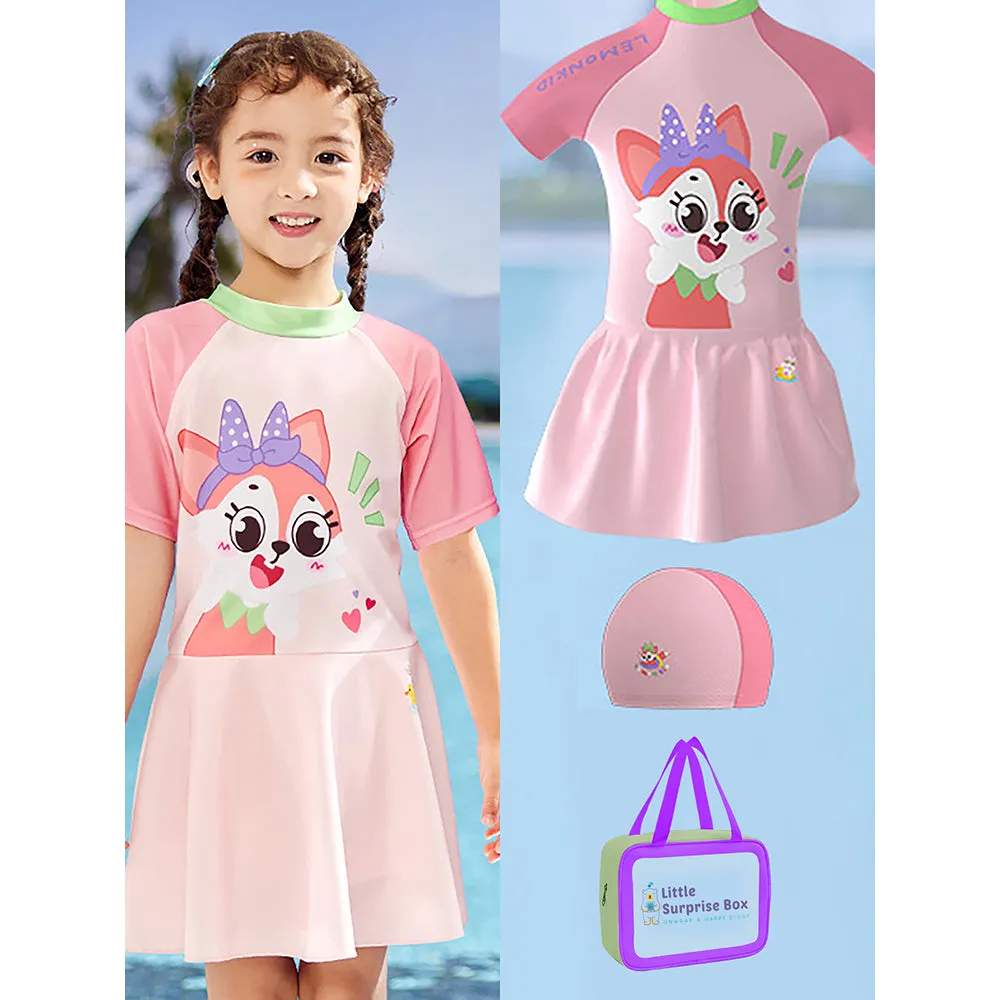 Cute Foxy Frock Style Kids Swimwear With Attached Shorts And Matching Swim Cap For Kids With UPF 50 