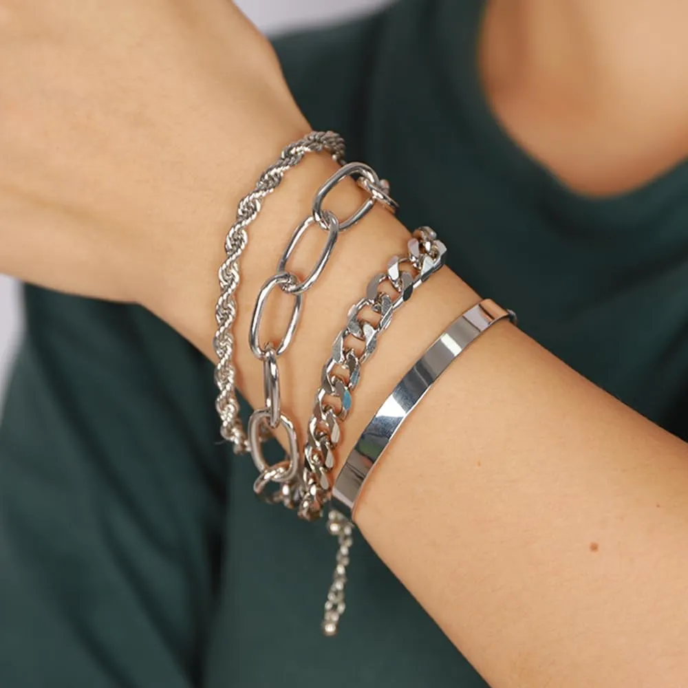 Dainty Boho Chain Bracelets Set for Women Adjustable Fashion Beaded Chunky Flat Cable Chain Punk Bracelets for Women Gift Set of 4