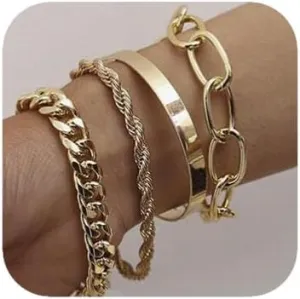Dainty Boho Chain Bracelets Set for Women Adjustable Fashion Beaded Chunky Flat Cable Chain Punk Bracelets for Women Gift Set of 4