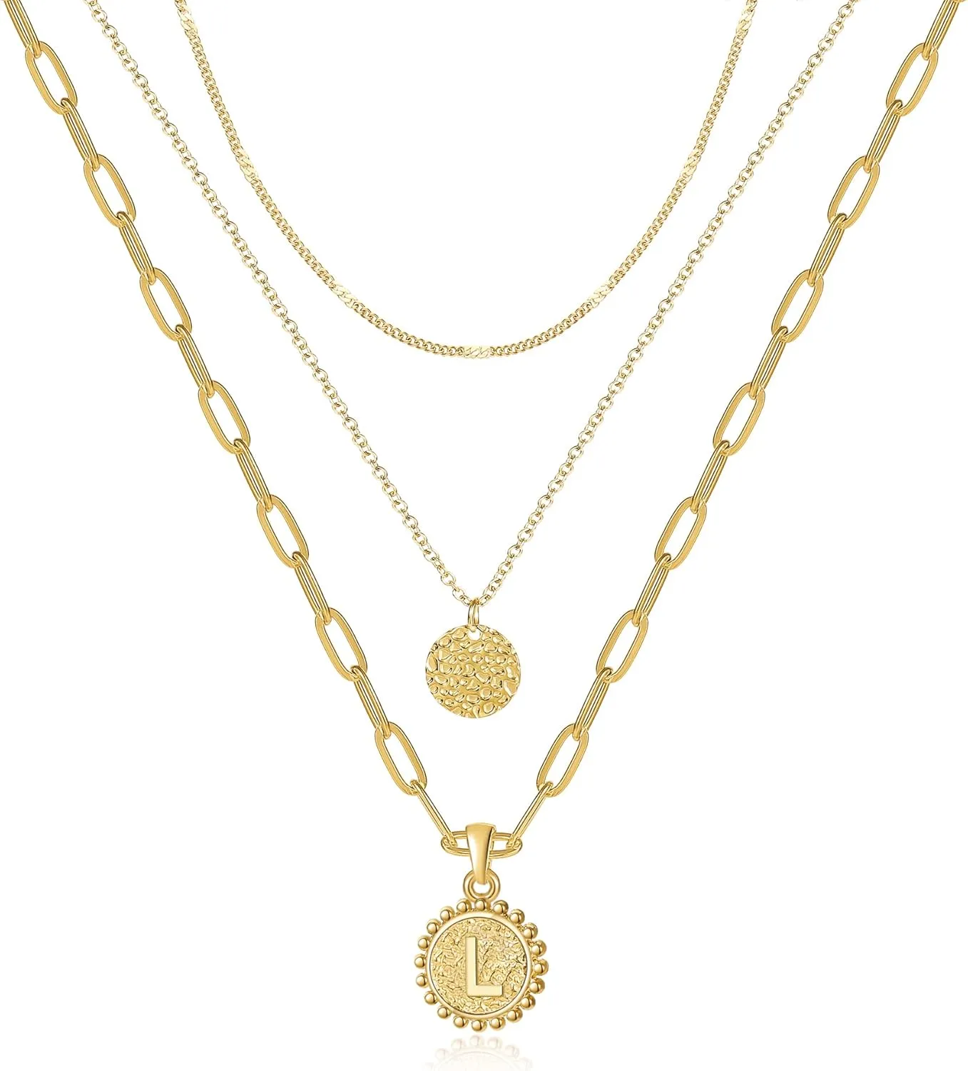 Dainty Gold Layered Initial Necklaces for Women, Adjustable Layering Choker Necklaces Set Multilayer Disc Pendant Paperlip Chain Necklaces Long Layered Necklace for Women