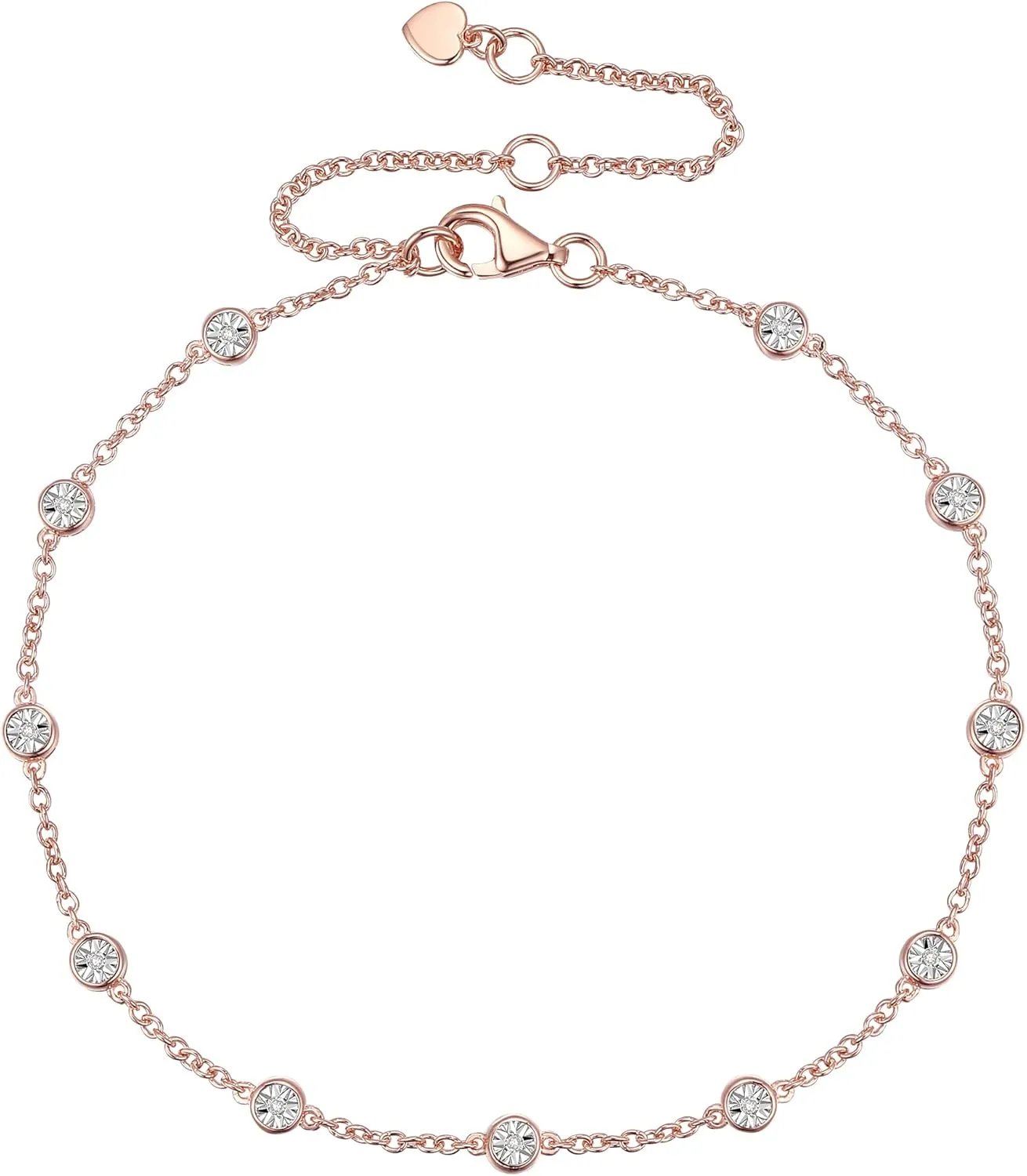 Diamond Bezel Bracelet, Adjustable Cable Chain, 11 Round Bezel Diamonds, 6.5/7.5/8.5 Chain Length, 14K Rose Gold-plated Sterling Silver/14K Gold-plated Sterling Silver/Sterling Silver