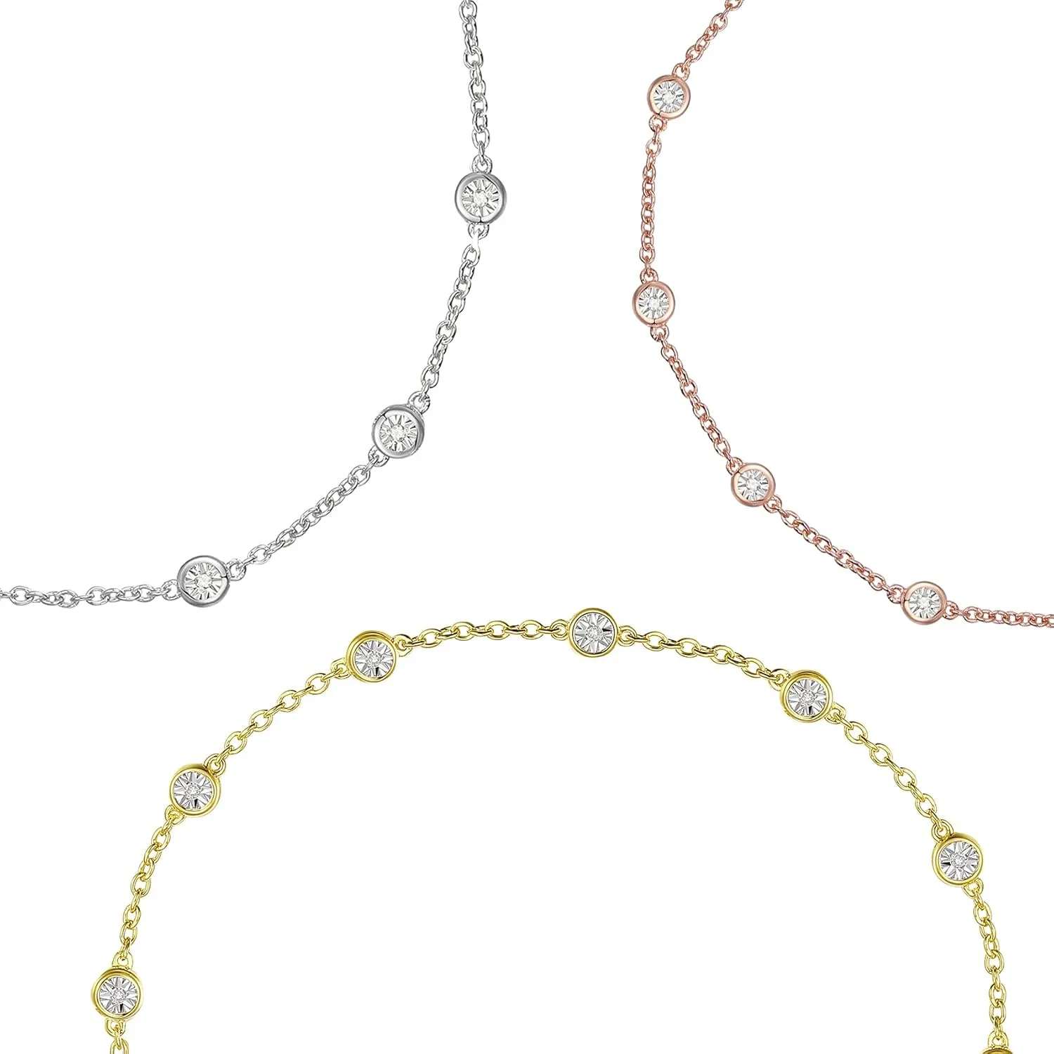 Diamond Bezel Bracelet, Adjustable Cable Chain, 11 Round Bezel Diamonds, 6.5/7.5/8.5 Chain Length, 14K Rose Gold-plated Sterling Silver/14K Gold-plated Sterling Silver/Sterling Silver