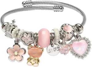 DS Charm Bracelets for girls,exquisite cute cartoon friendship bracelets Silver Stainless Steel Bangle with birthday Gift box, Adjustable girls jewelry Suitable for holiday gifts