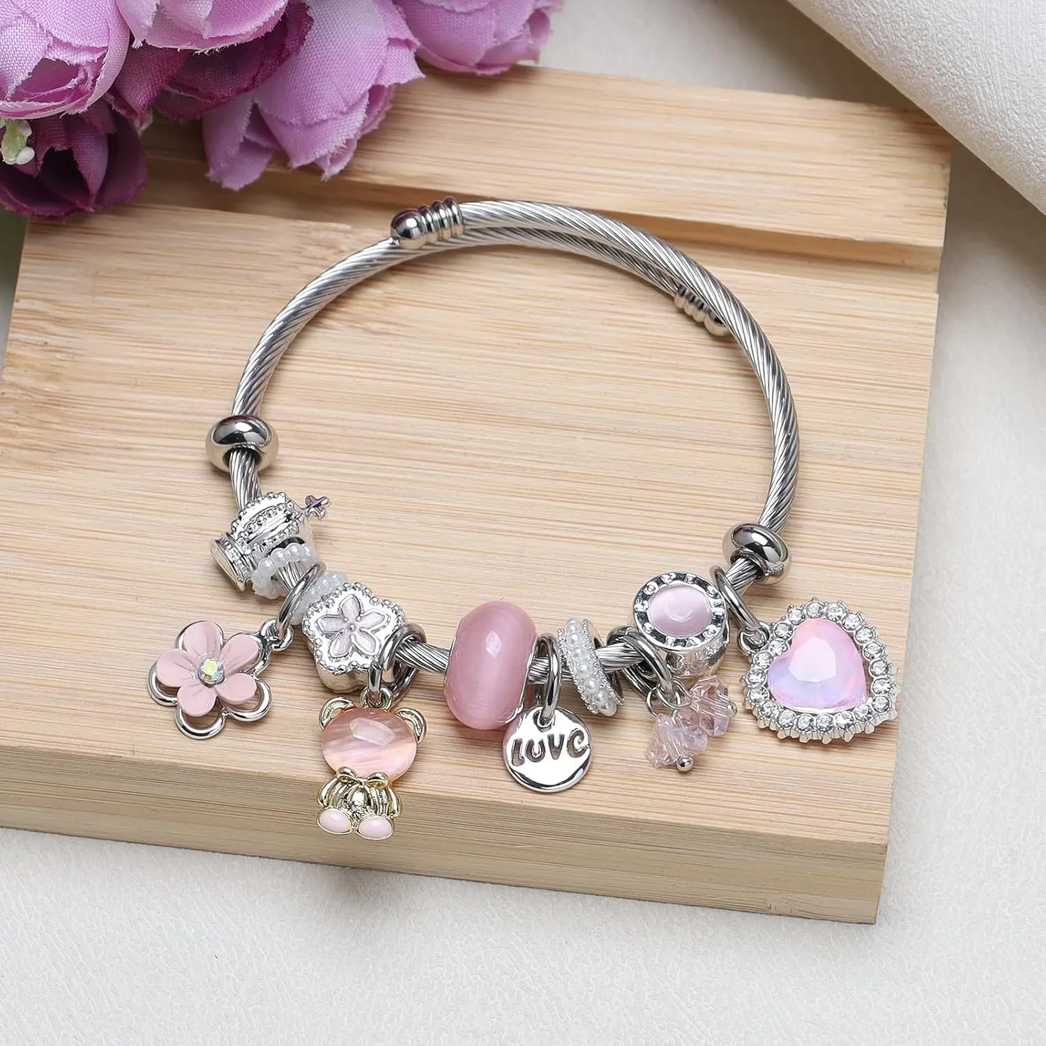 DS Charm Bracelets for girls,exquisite cute cartoon friendship bracelets Silver Stainless Steel Bangle with birthday Gift box, Adjustable girls jewelry Suitable for holiday gifts