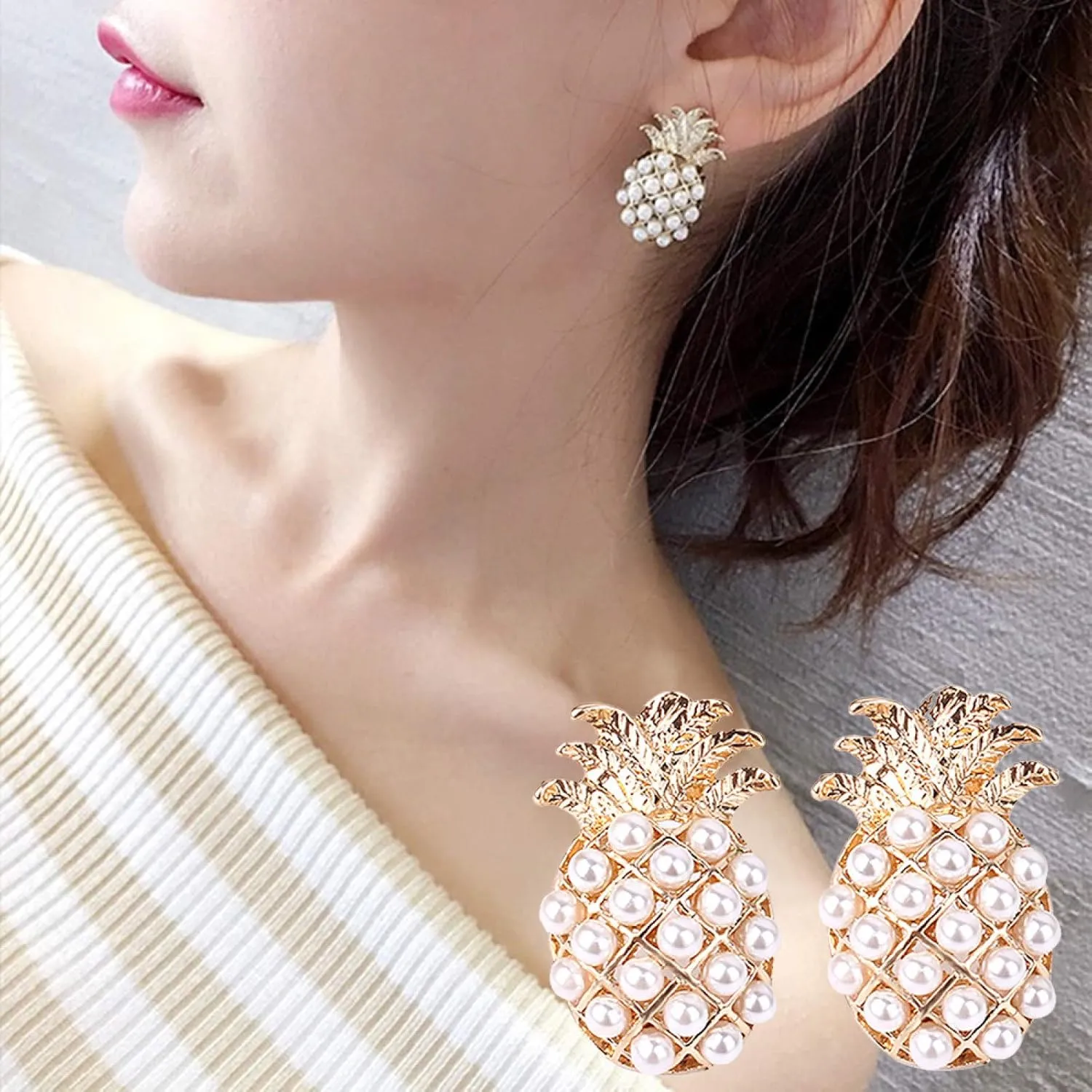 Earring Hoop Stud Drop & Dangle, Fashion Women Pineapple Shape Faux Pearl Inlaid Ear Studs Earrings Jewelry Gift for Women Teen Girls Birthday Christmas Friends Gift
