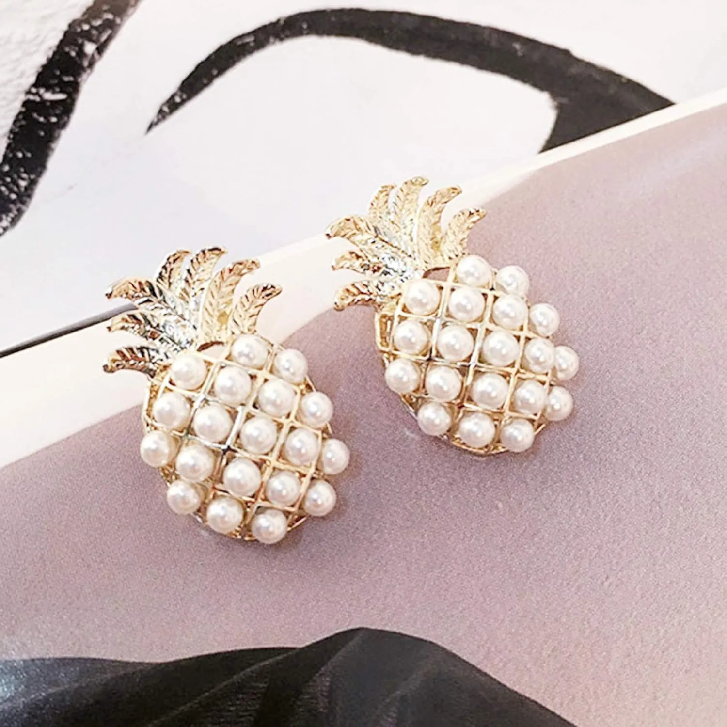 Earring Hoop Stud Drop & Dangle, Fashion Women Pineapple Shape Faux Pearl Inlaid Ear Studs Earrings Jewelry Gift for Women Teen Girls Birthday Christmas Friends Gift