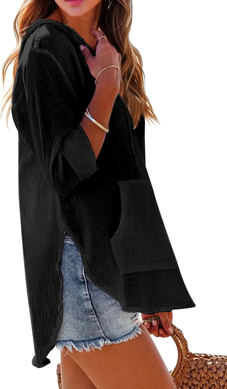 Ebifin Women's Beach Cover Up hoodies sweatshirt Long Sleeve V Neck Pocketed Hooded Shirt Top