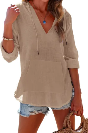 Ebifin Women's Beach Cover Up hoodies sweatshirt Long Sleeve V Neck Pocketed Hooded Shirt Top