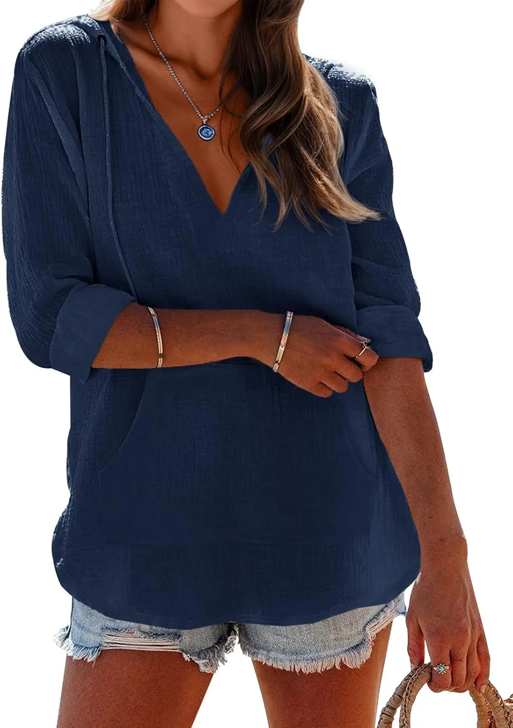 Ebifin Women's Beach Cover Up hoodies sweatshirt Long Sleeve V Neck Pocketed Hooded Shirt Top