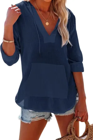 Ebifin Women's Beach Cover Up hoodies sweatshirt Long Sleeve V Neck Pocketed Hooded Shirt Top