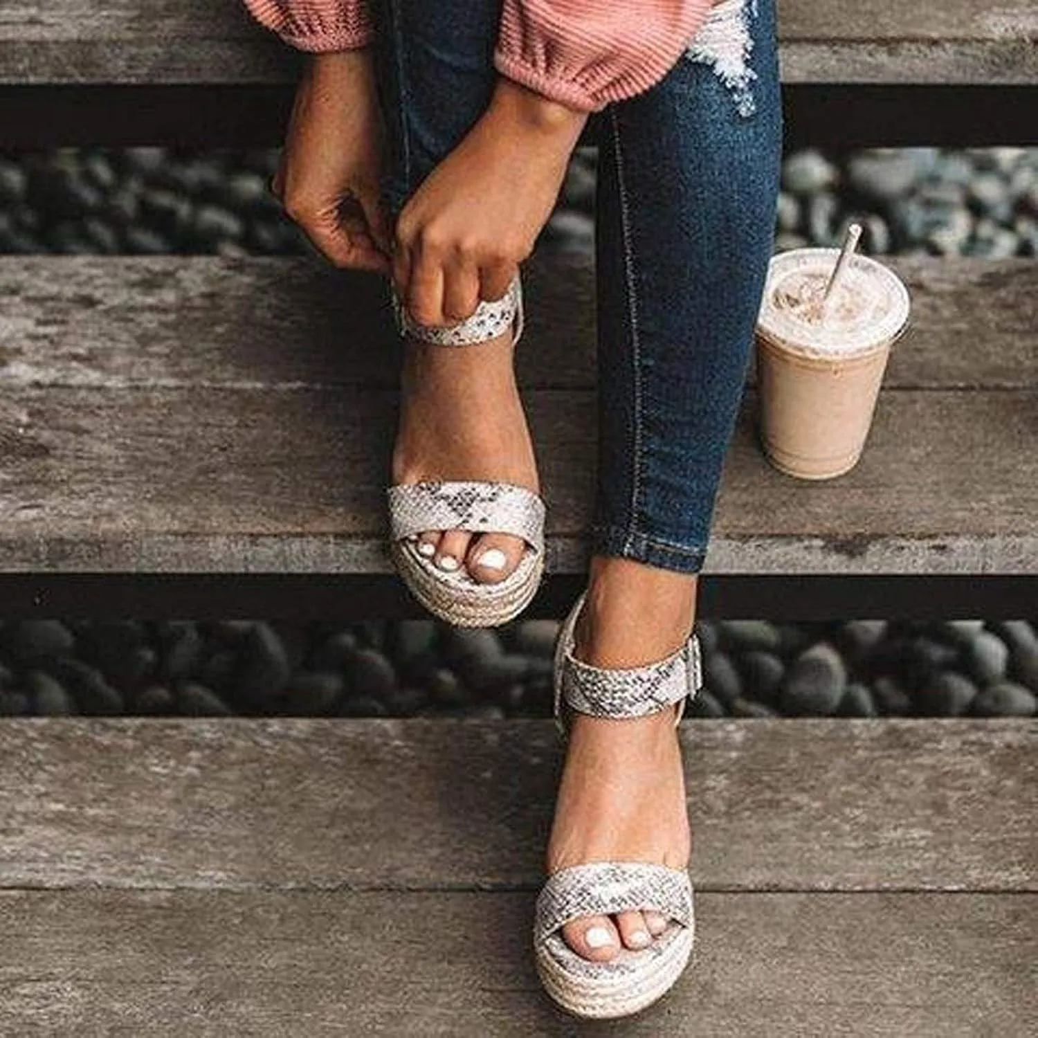 Eduavar Sandals for Women Casual Summer, Womens Sandals Comfortable Espadrille Platform Wedge Sandals with Buckle Strap