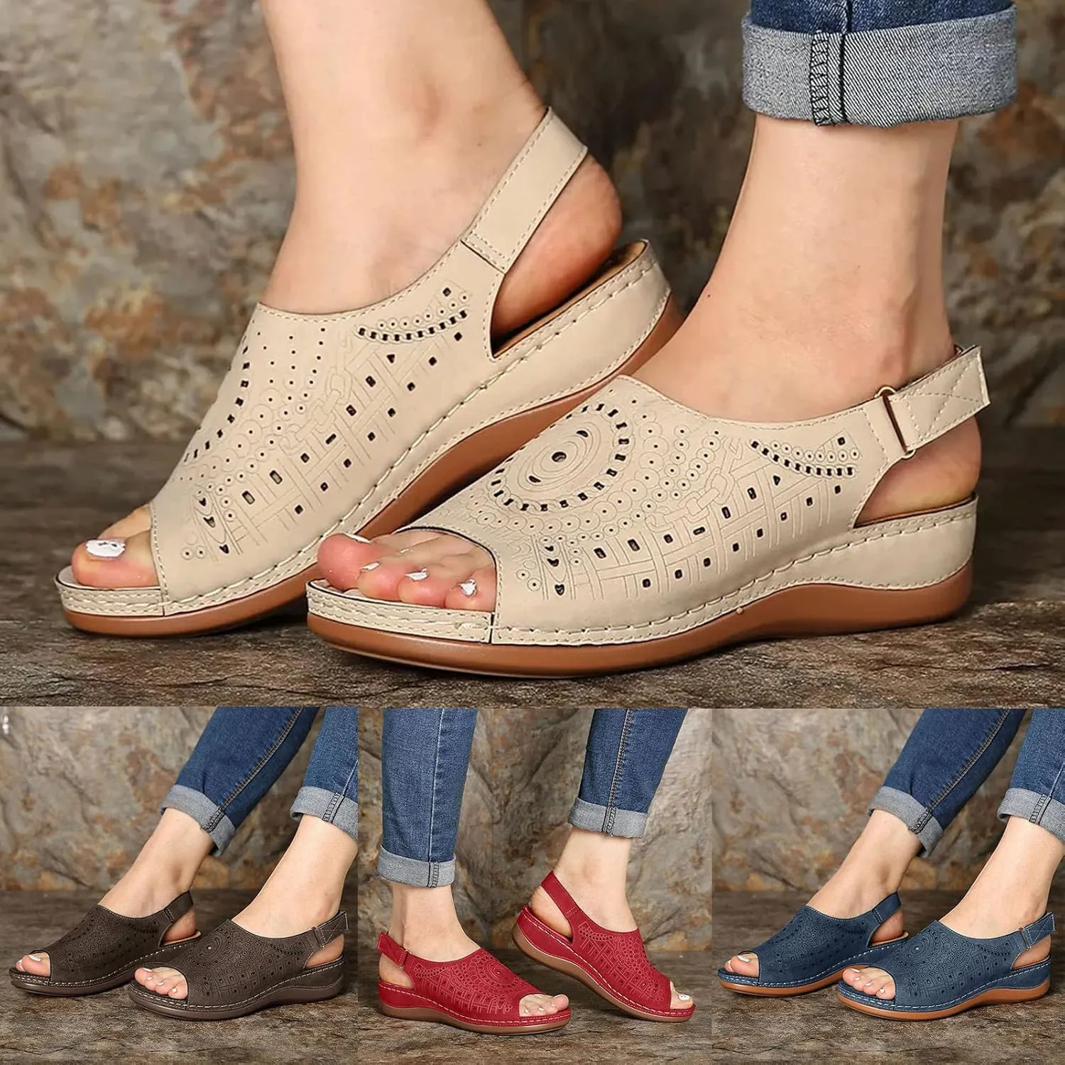 Eduavar Womens Sandals Dressy, Sandals Women Open Toe Breathable Wedges Sandals Beach Out Summer Hollow Sandals
