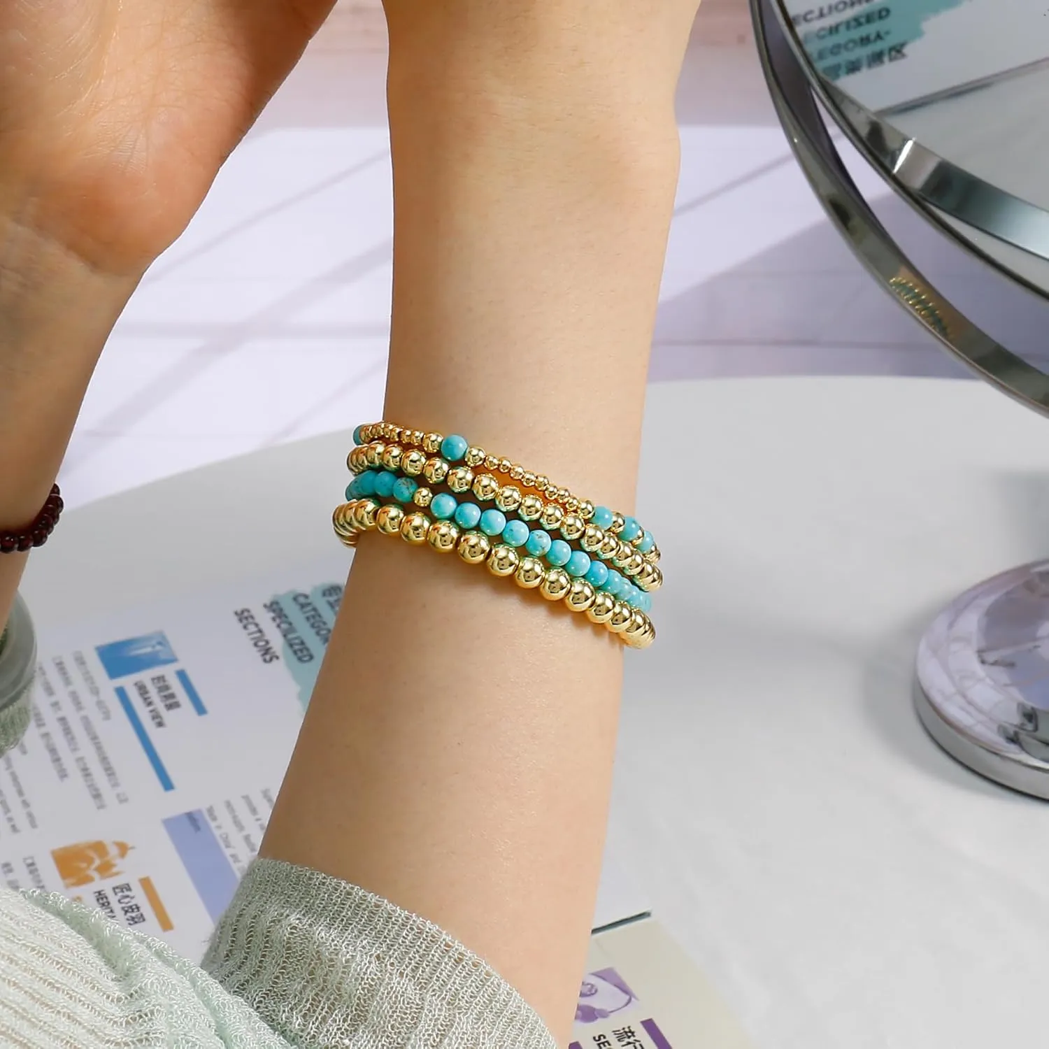 Elegance 11 designs Gold Beaded Bracelets For Women Natural Stone Stretch 14k Gold Plated Bead Ball Bracelet Stack Set Layered Bracelets For Women Minimalist Jewelry Gifts