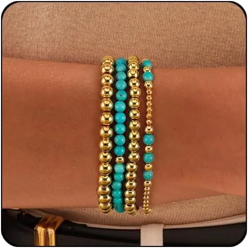 Elegance 11 designs Gold Beaded Bracelets For Women Natural Stone Stretch 14k Gold Plated Bead Ball Bracelet Stack Set Layered Bracelets For Women Minimalist Jewelry Gifts