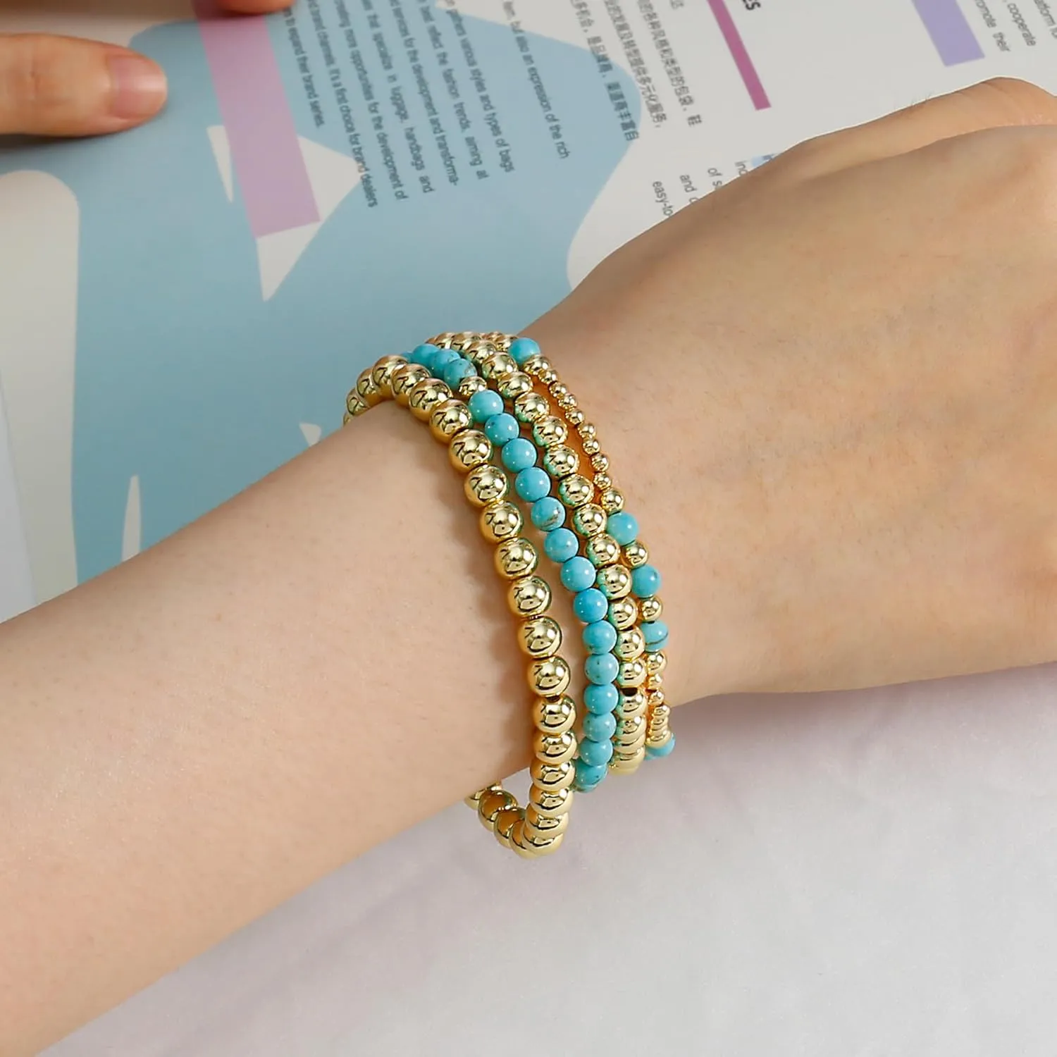 Elegance 11 designs Gold Beaded Bracelets For Women Natural Stone Stretch 14k Gold Plated Bead Ball Bracelet Stack Set Layered Bracelets For Women Minimalist Jewelry Gifts