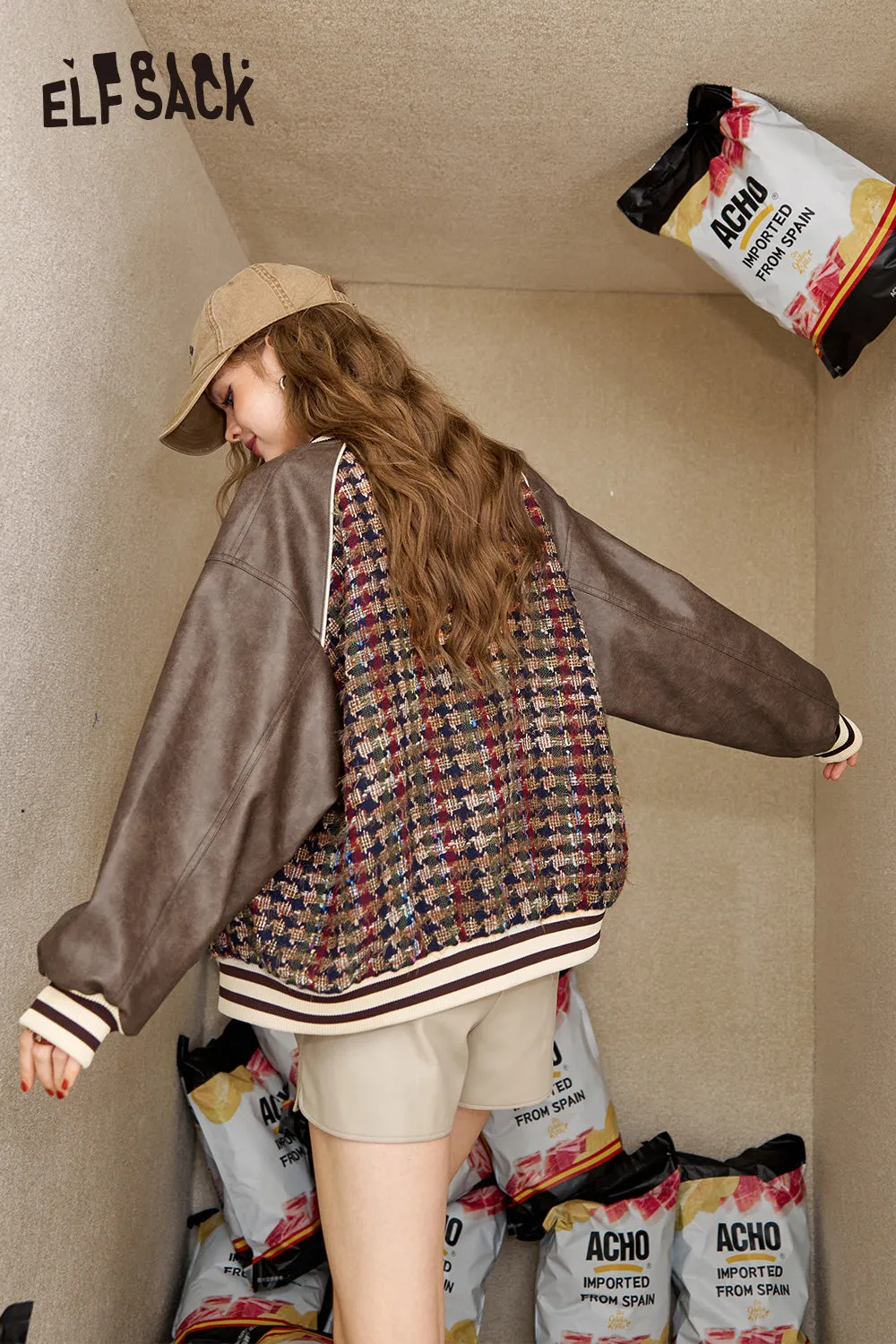 ELFSACK 2024 Autumn New Arrivals Retro houndstooth PU patchwork baseball jacket for women, Preppy Style jacket