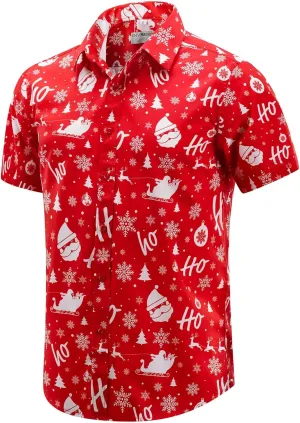 ENVMENST Christmas Button Up Shirt for Men Fun Printed Casual Short Sleeve Hawaiian Santa Shirt