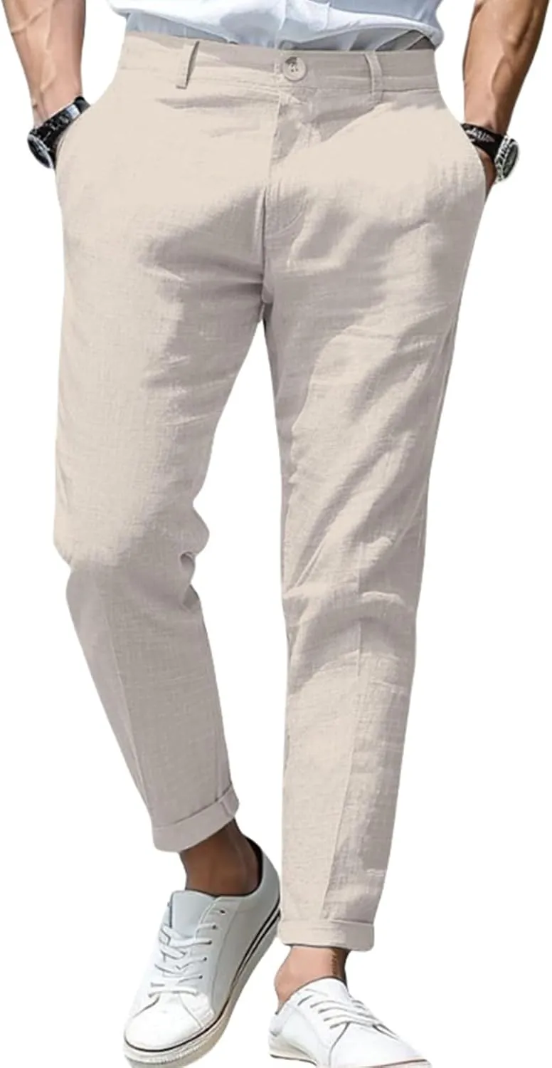 evzosrz Men's Slim-Fit Chino Jogger Pant, Cotton Linen Straight Trousers Casual Flat Front Design Comfortable Pants for Men