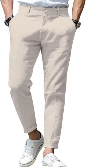 evzosrz Men's Slim-Fit Chino Jogger Pant, Cotton Linen Straight Trousers Casual Flat Front Design Comfortable Pants for Men
