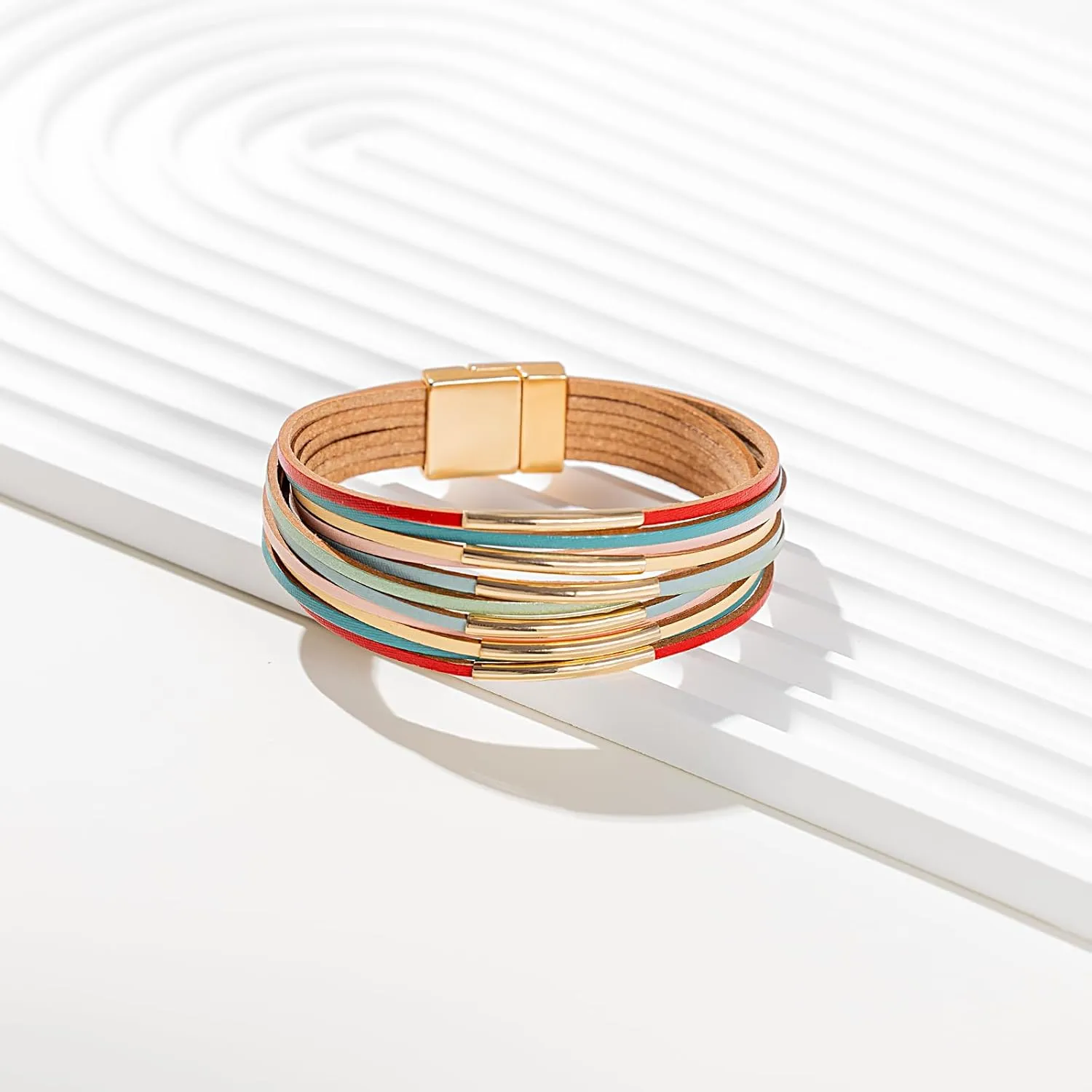 FANCY SHINY Boho Leather Bangle Bracelets Stackable Noodle Tube Bracelets Layered Wrap Cuff Bracelets with Magnetic Clasp