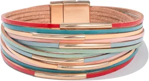 FANCY SHINY Boho Leather Bangle Bracelets Stackable Noodle Tube Bracelets Layered Wrap Cuff Bracelets with Magnetic Clasp