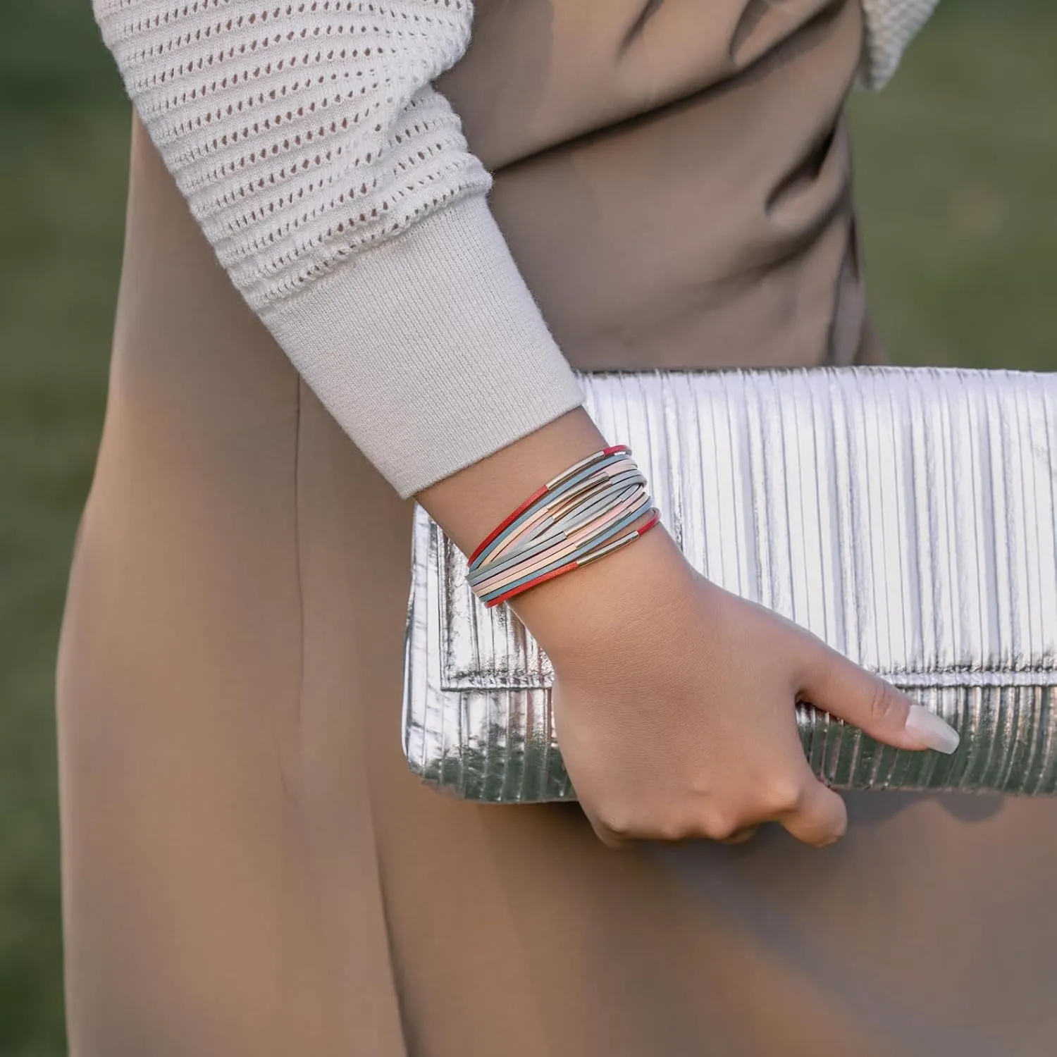 FANCY SHINY Boho Leather Bangle Bracelets Stackable Noodle Tube Bracelets Layered Wrap Cuff Bracelets with Magnetic Clasp