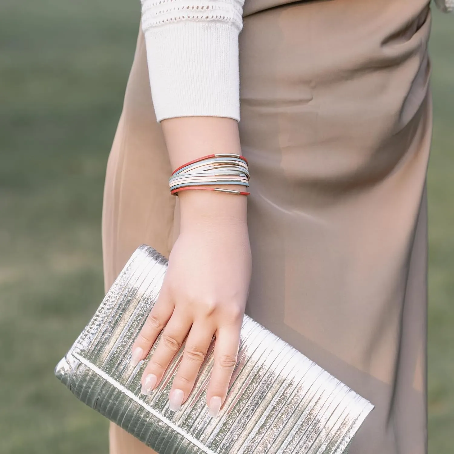 FANCY SHINY Boho Leather Bangle Bracelets Stackable Noodle Tube Bracelets Layered Wrap Cuff Bracelets with Magnetic Clasp