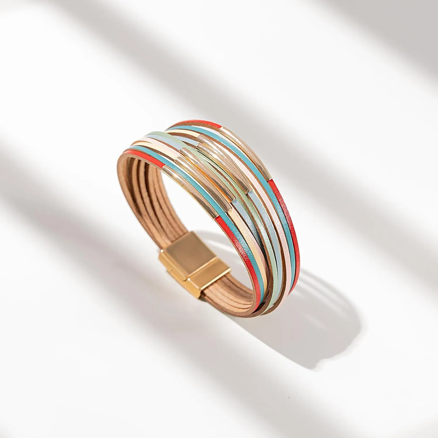FANCY SHINY Boho Leather Bangle Bracelets Stackable Noodle Tube Bracelets Layered Wrap Cuff Bracelets with Magnetic Clasp