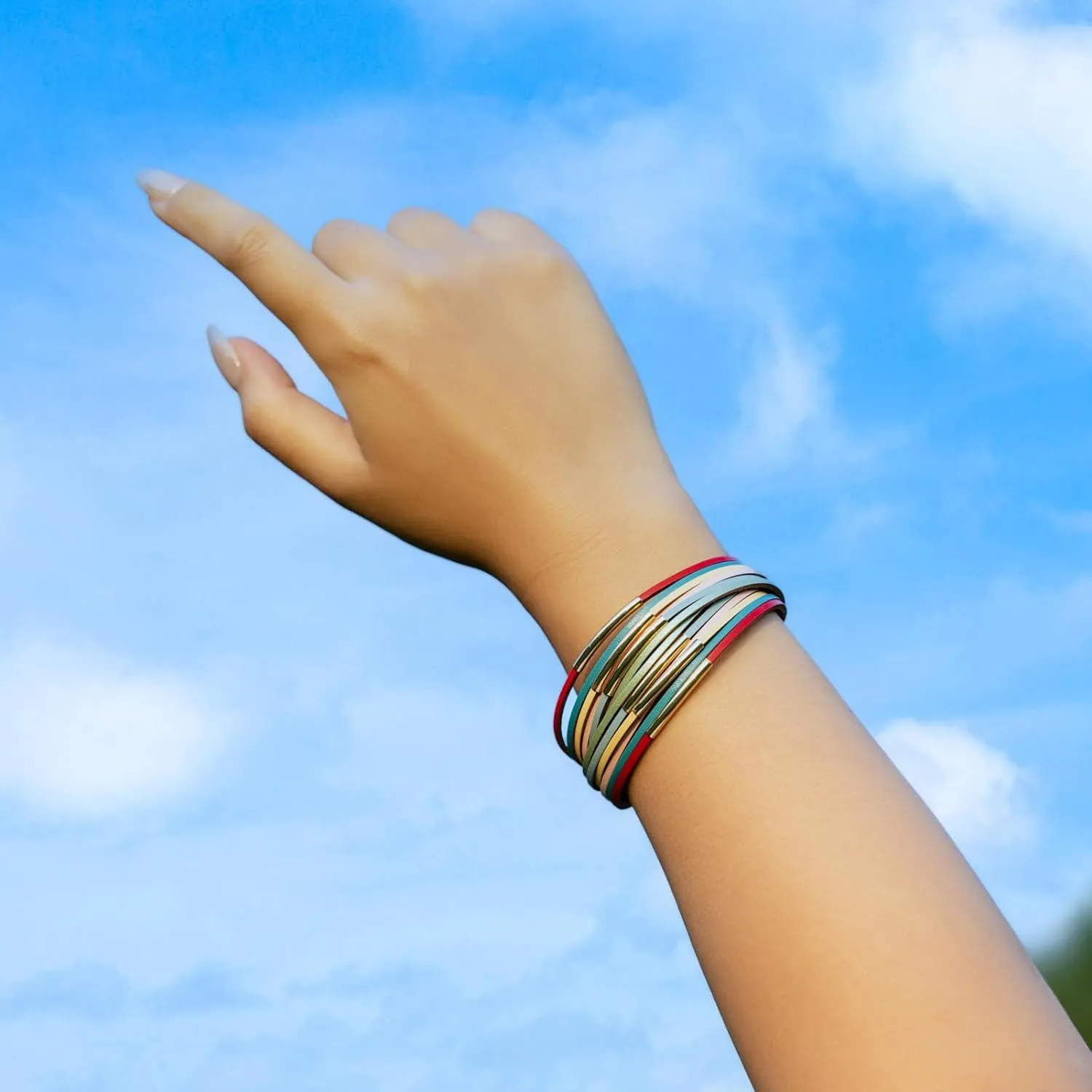 FANCY SHINY Boho Leather Bangle Bracelets Stackable Noodle Tube Bracelets Layered Wrap Cuff Bracelets with Magnetic Clasp