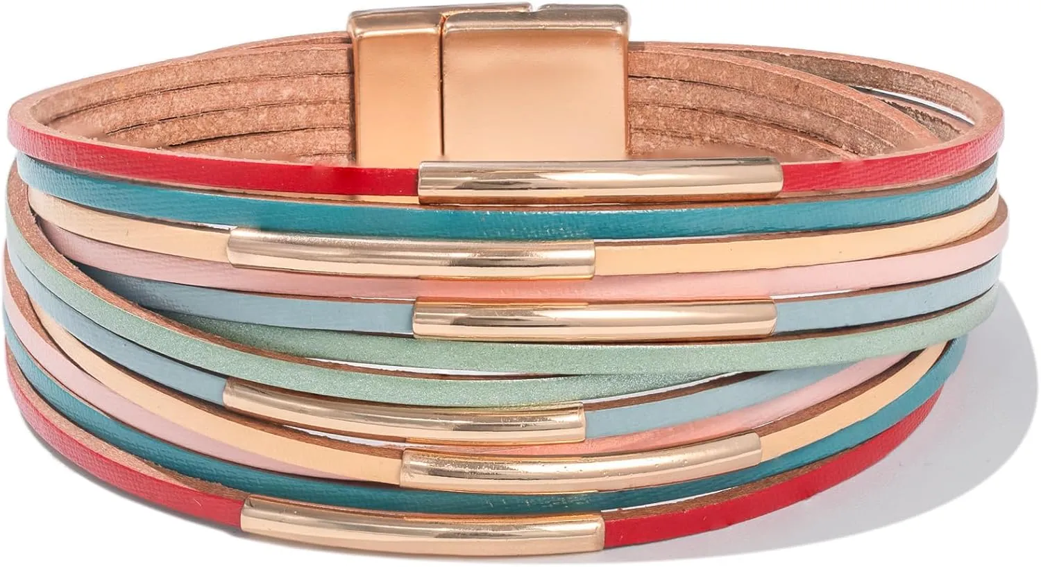 FANCY SHINY Boho Leather Bangle Bracelets Stackable Noodle Tube Bracelets Layered Wrap Cuff Bracelets with Magnetic Clasp