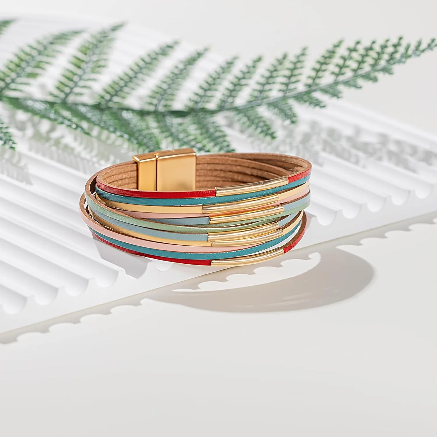 FANCY SHINY Boho Leather Bangle Bracelets Stackable Noodle Tube Bracelets Layered Wrap Cuff Bracelets with Magnetic Clasp