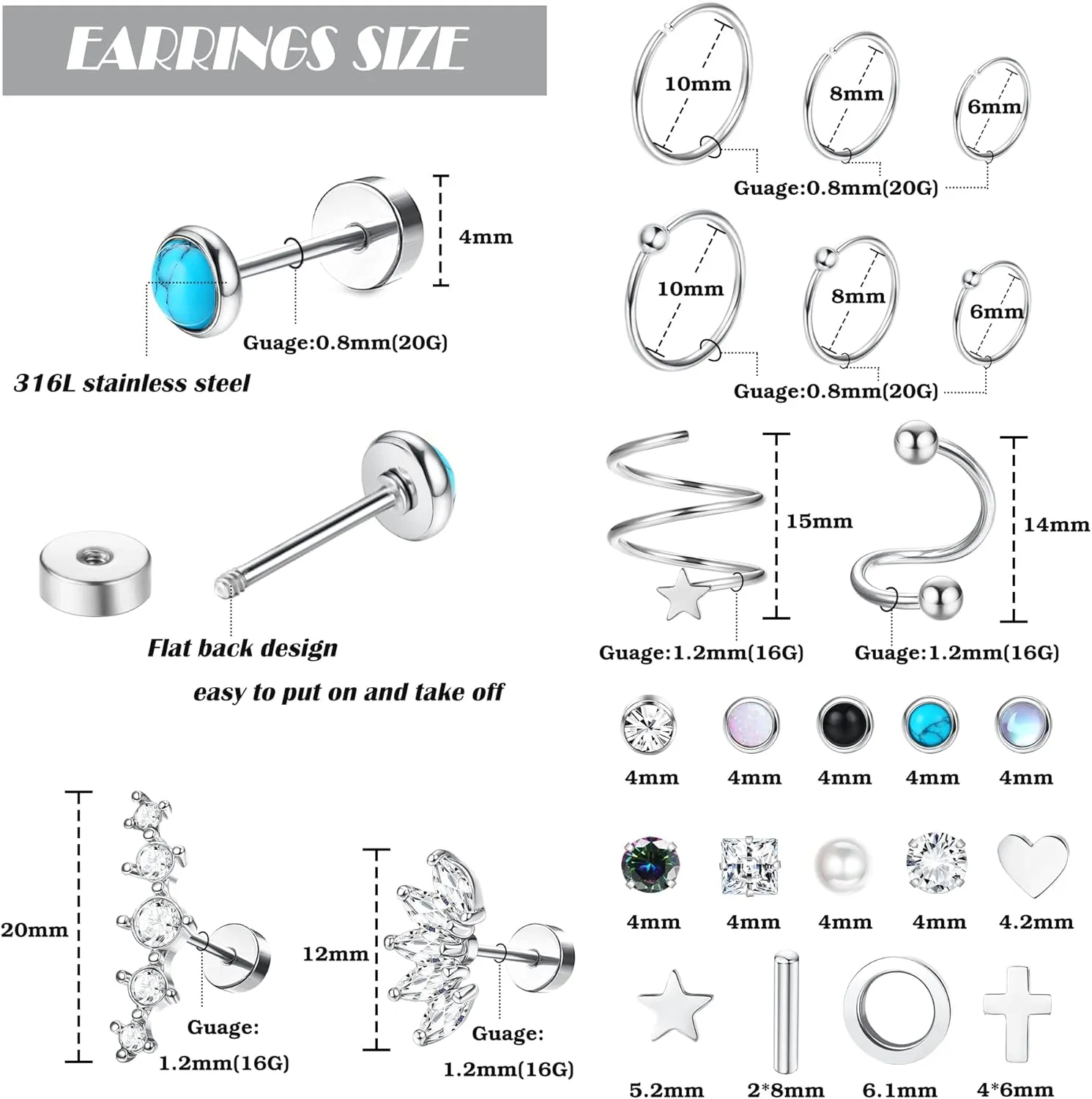 FASACCO Cartilage Earrings Stud Hoop Flat Back Earrings Surgical Steel Stud Earrings Cartilage Helix Tragus Piercing Jewelry