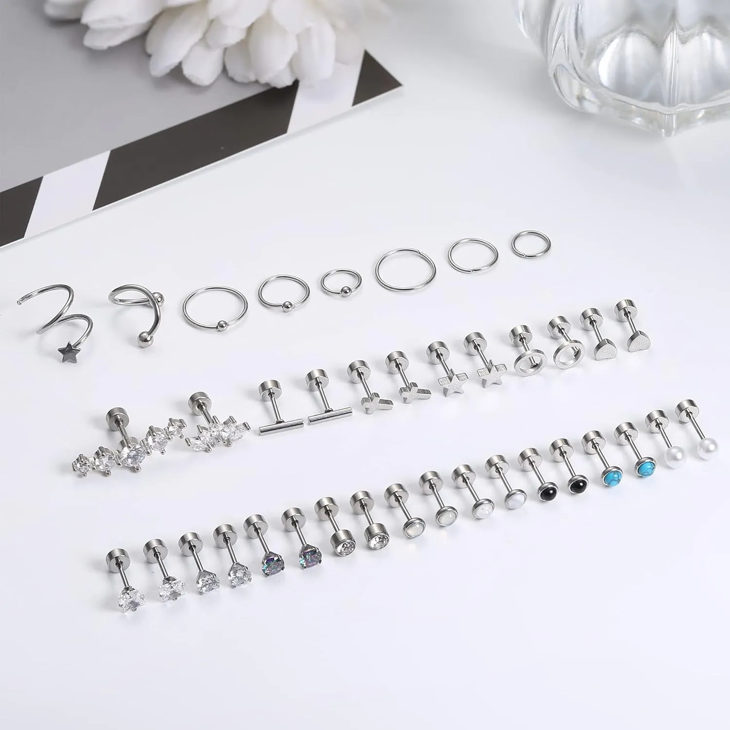 FASACCO Cartilage Earrings Stud Hoop Flat Back Earrings Surgical Steel Stud Earrings Cartilage Helix Tragus Piercing Jewelry