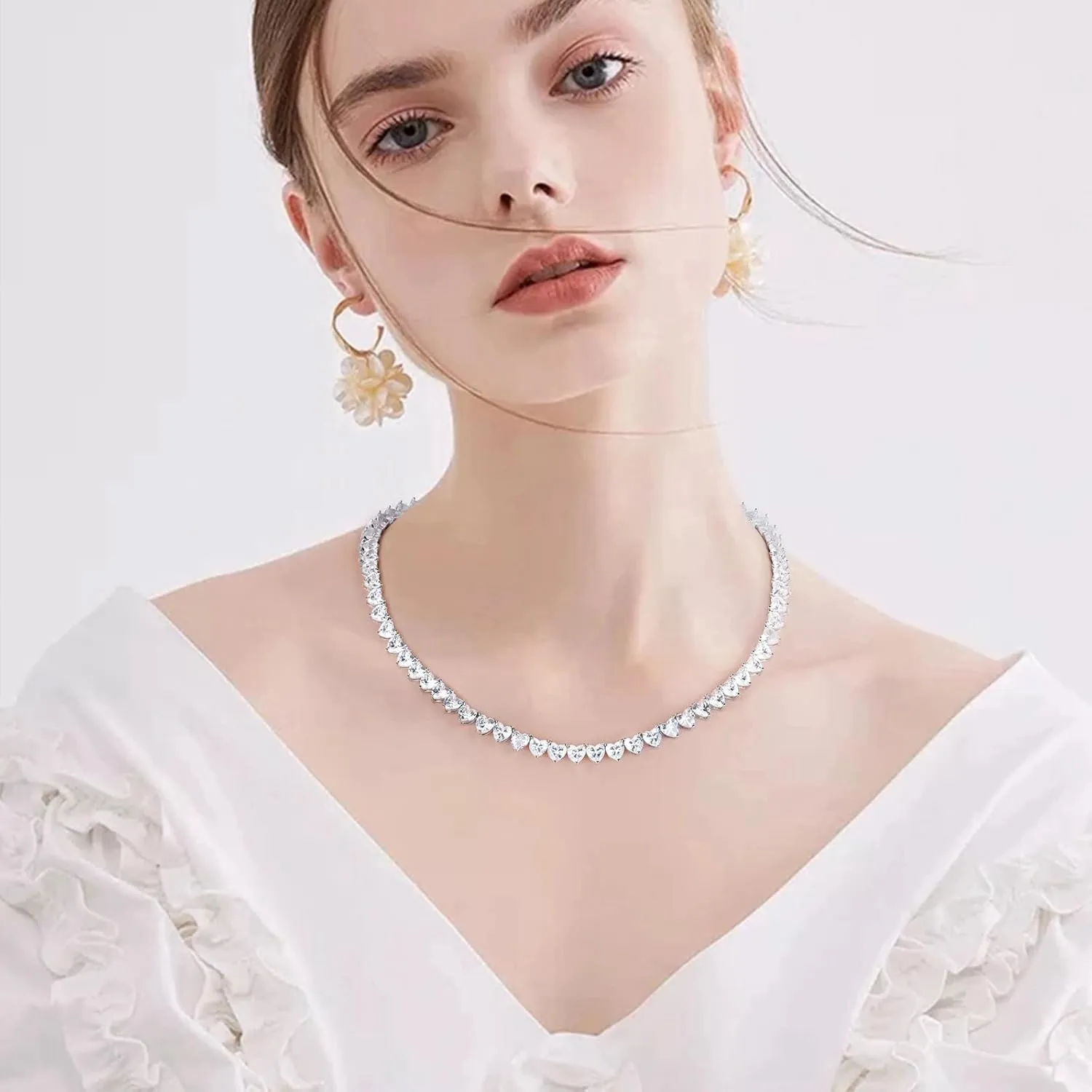 FEEL STYLE Heart Tennis Necklace for Women - 4mm 6mm 18K White Gold Plated Diamond Necklace - Iced Out Choker Necklaces Cubic Zirconia Tennis Necklace 16-18inch