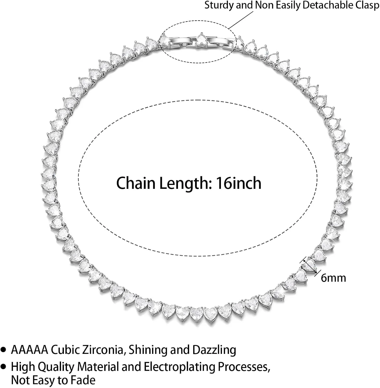 FEEL STYLE Heart Tennis Necklace for Women - 4mm 6mm 18K White Gold Plated Diamond Necklace - Iced Out Choker Necklaces Cubic Zirconia Tennis Necklace 16-18inch