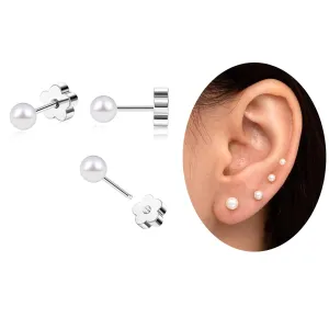 Flat Back Pearl Stud Earrings for Women Girls Stainless Steel Small Pearl Cartilage Earrings Hypoallergenic Pearl Screw Back Earrings for Sensitive Skin Helix Piercing Jewelry (4mm, Silver)