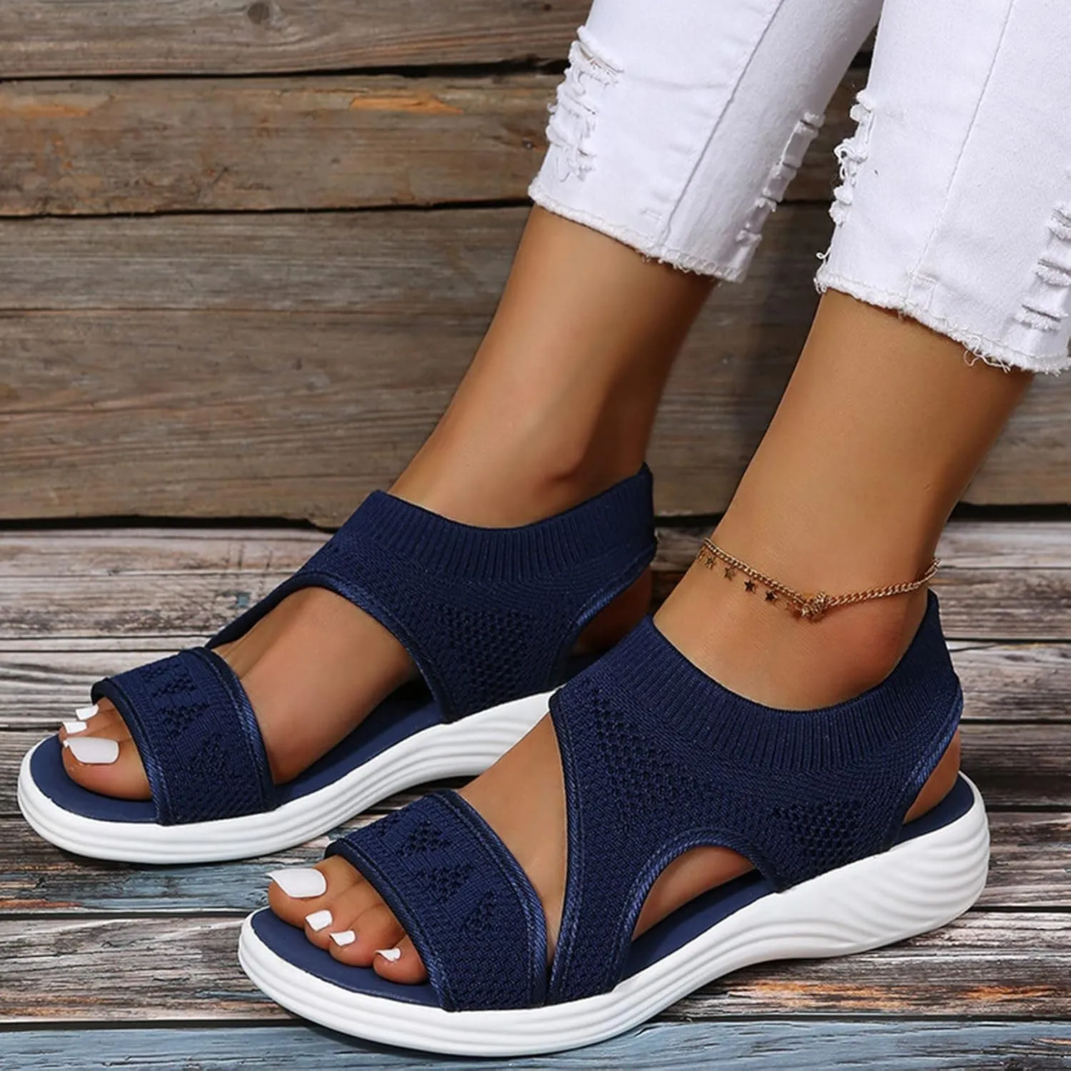 Flat Sandals for Women Breathable Non-Slip Slip-On Casual Shoe with Ankle Strap Comfortable Open Toe Soft Sole Sneakers Outdoor Vacation Walking Slippers Indoor Home Low Heel Footwear