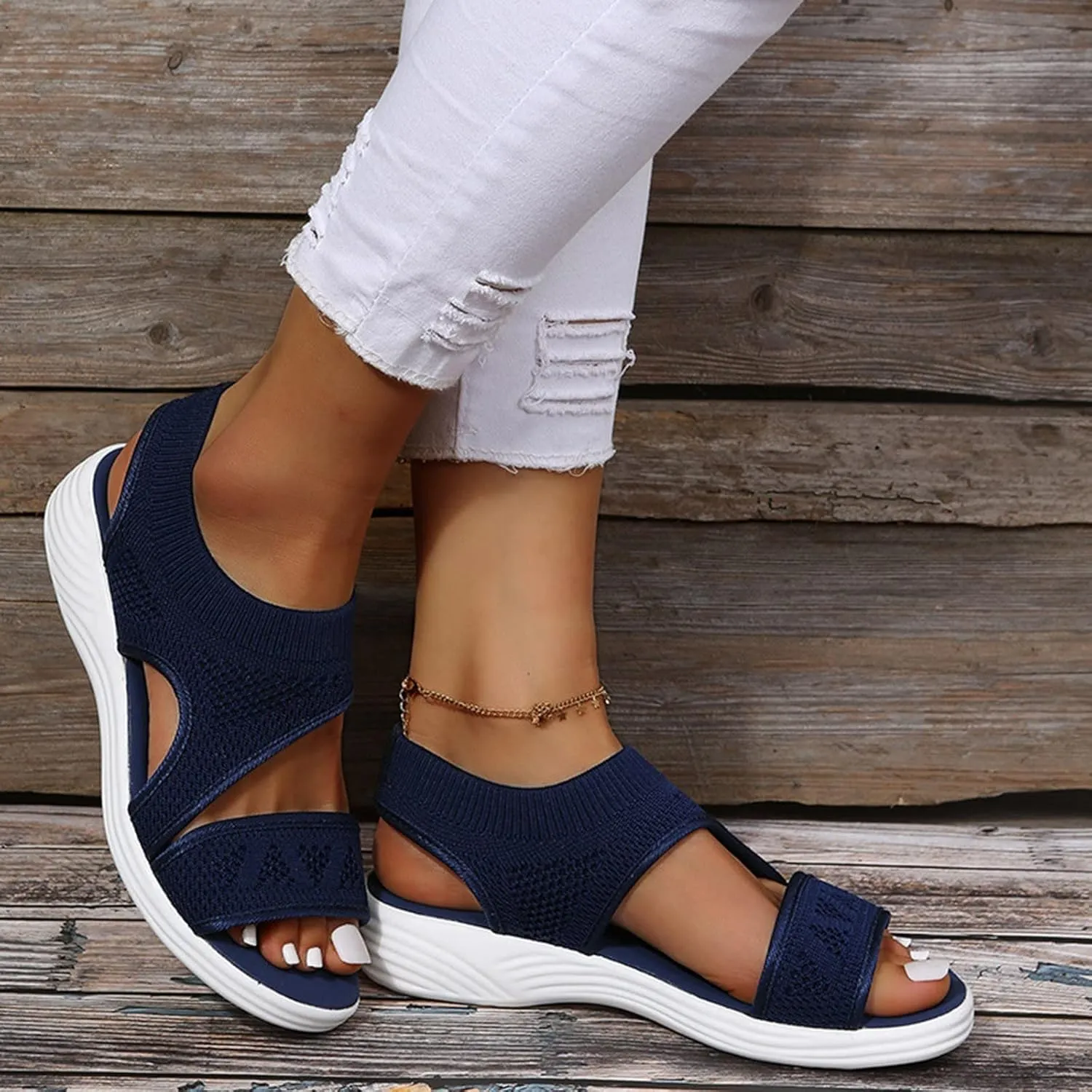 Flat Sandals for Women Breathable Non-Slip Slip-On Casual Shoe with Ankle Strap Comfortable Open Toe Soft Sole Sneakers Outdoor Vacation Walking Slippers Indoor Home Low Heel Footwear